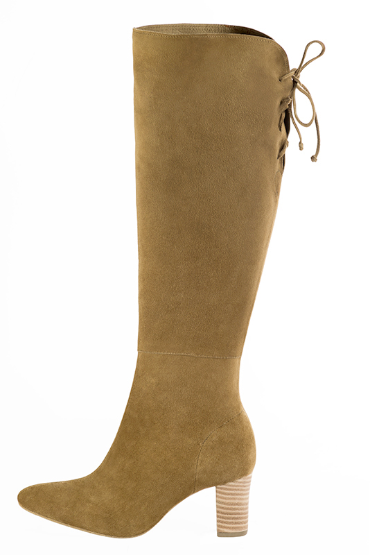 Camel beige women's knee-high boots, with laces at the back. Round toe. Medium block heels. Made to measure. Profile view - Florence KOOIJMAN